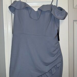 Elegant Off-Shoulder Ruffle Dress in Periwinkle/Slim Blue